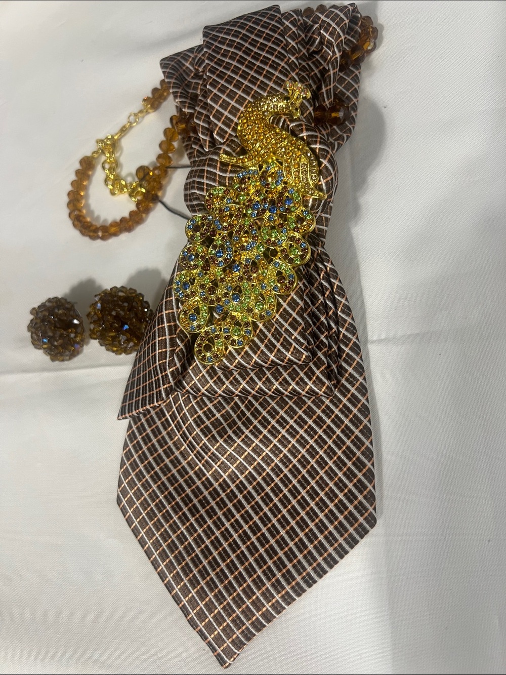 Golden Peacock Brooch on Brown Plaid  Necktie - Women's Accessory